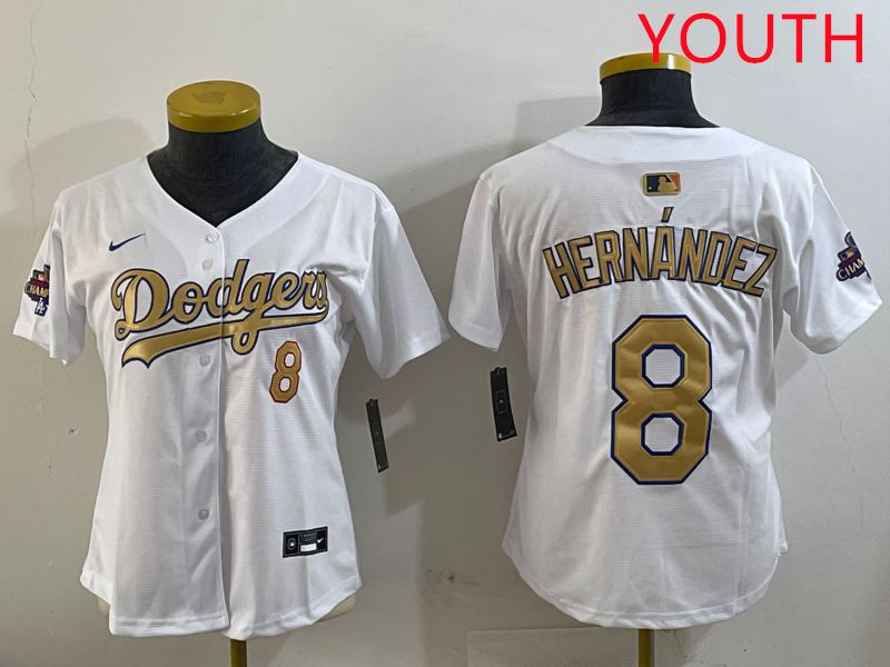 Youth Los Angeles Dodgers #8 Hernandez White Gold Game Nike 2025 MLB Jersey style 429